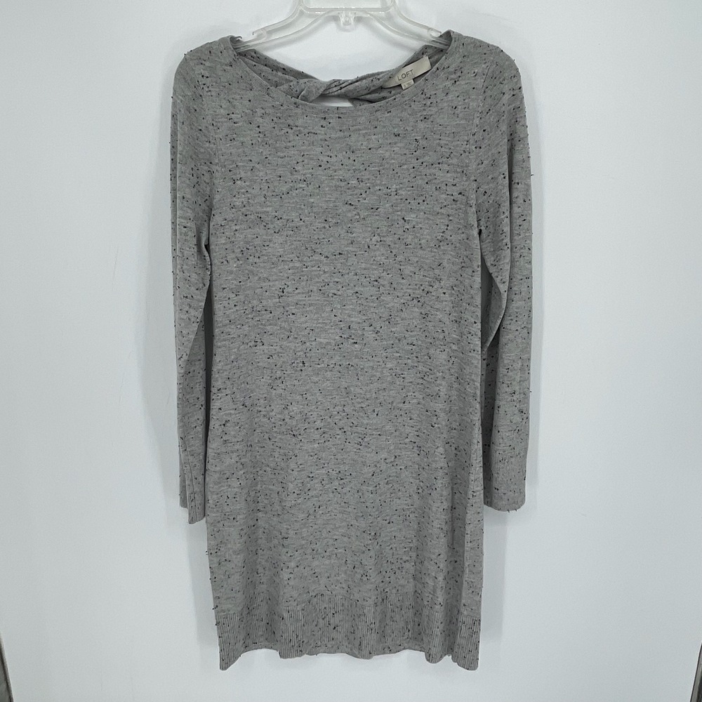 LOFT Women's Gray Twist Back Speckled Knit Long Sleeve Fall Sweater Dress Size S